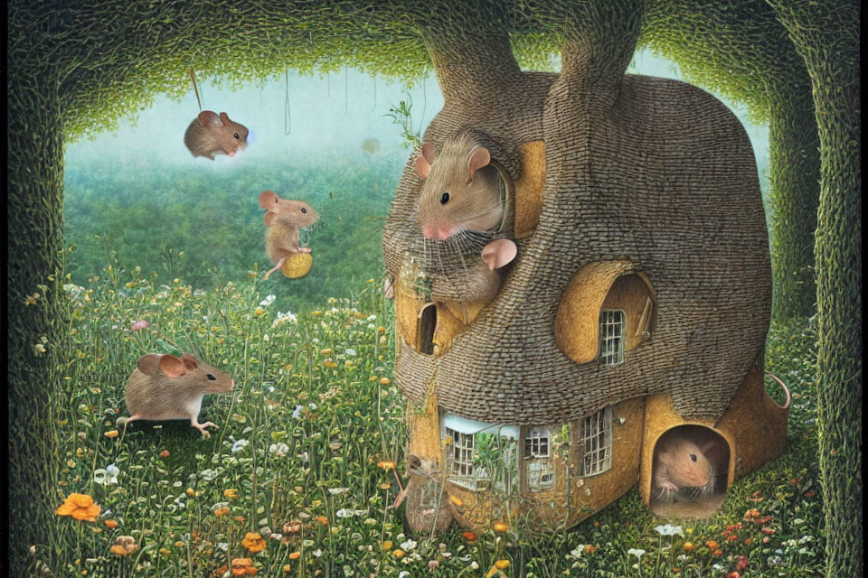 Whimsical mouse-shaped treehouse in lush garden with mice activities