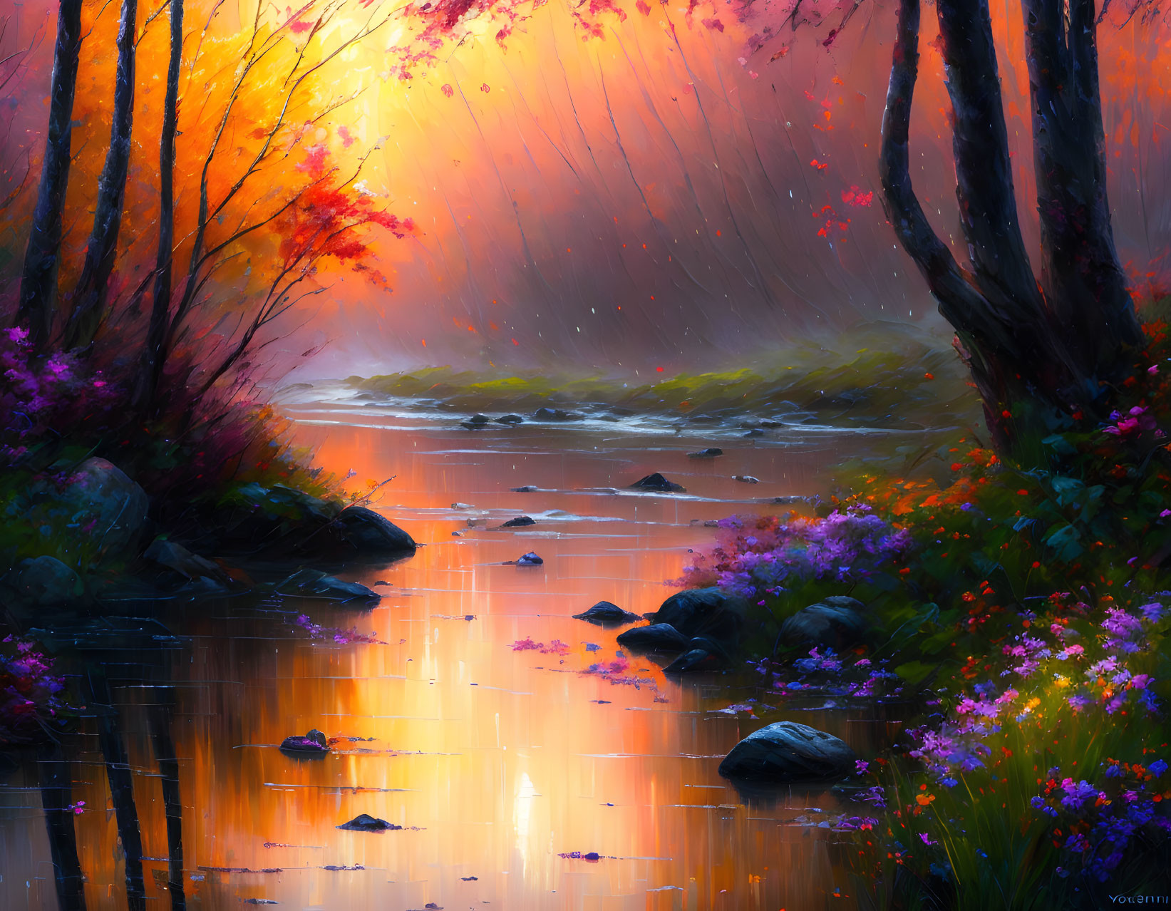 Serene river with autumn trees and blossoming flowers in vibrant painting