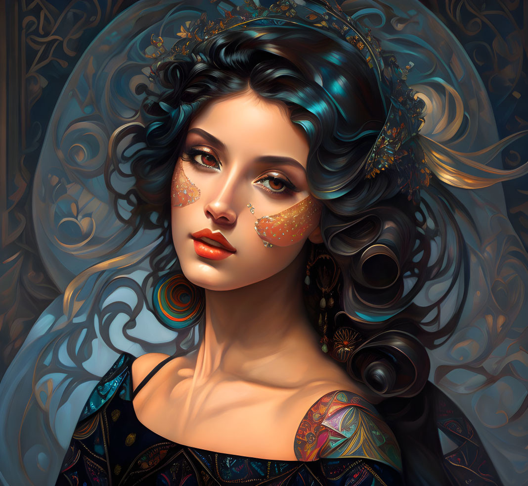 Digital Artwork: Woman with Blue Hair, Adornments, and Tattooed Arms