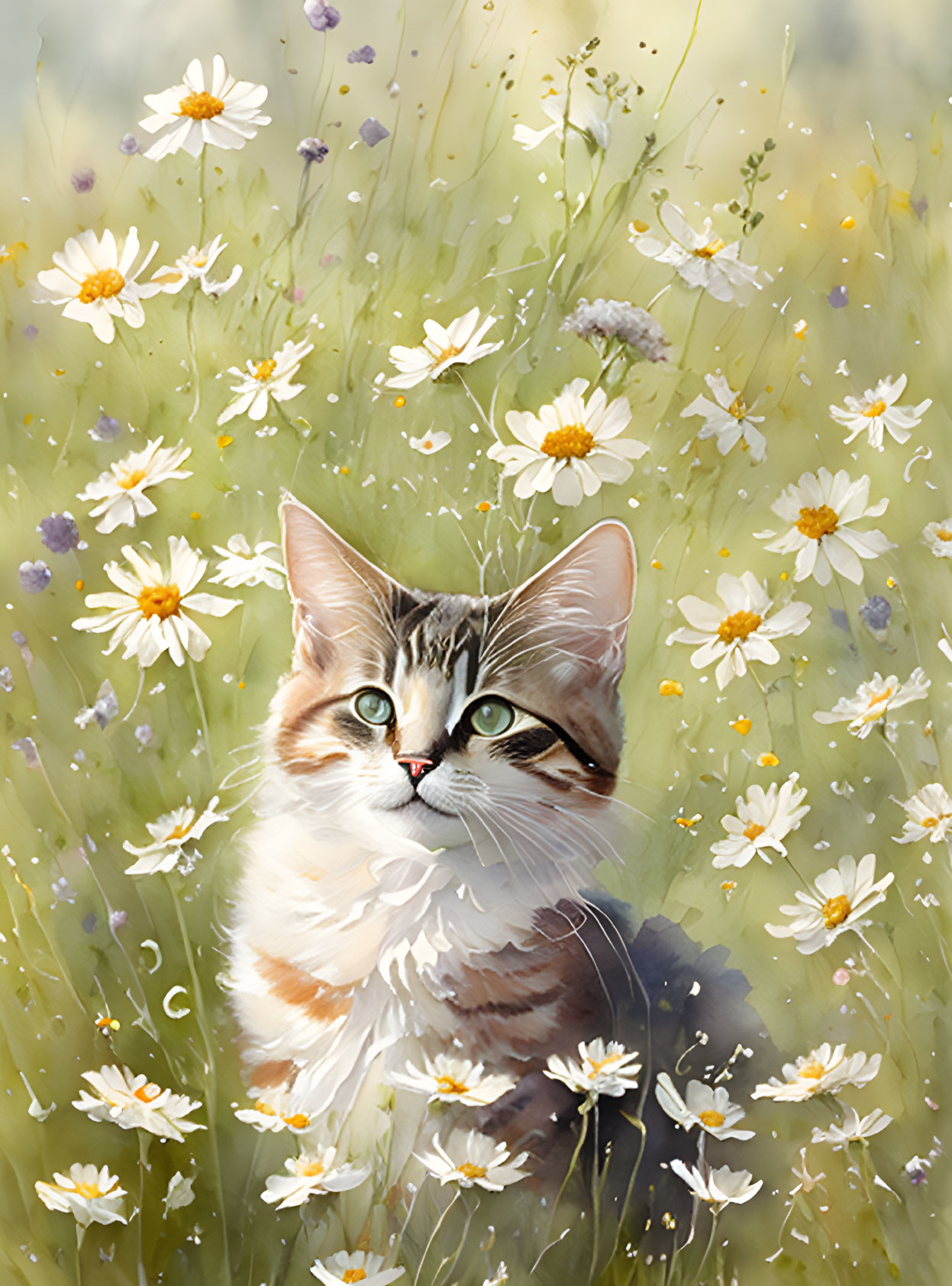 Fluffy Tabby Cat with Blue Eyes in Sunny Meadow with Daisies