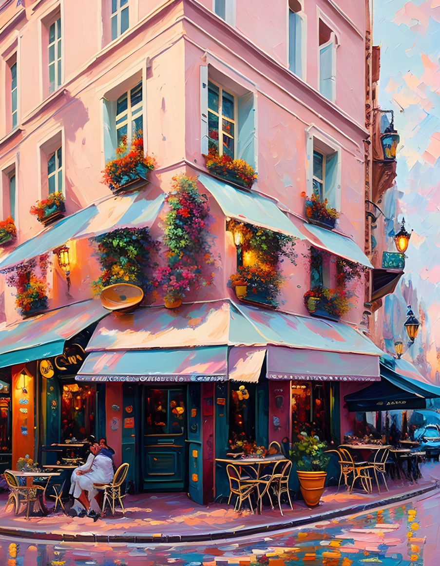 Vibrant illustration: street corner café with outdoor seating and flower boxes.