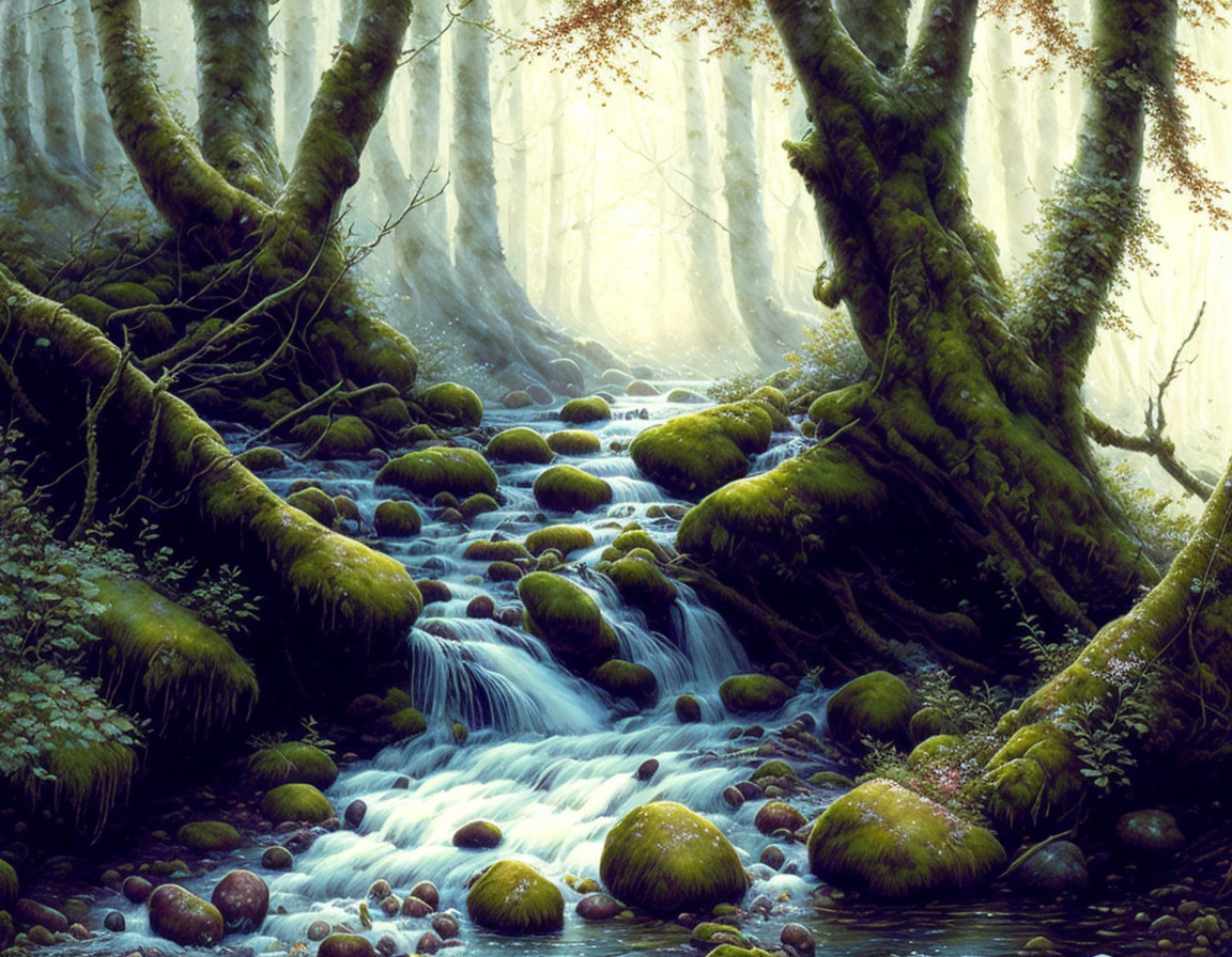 Mystical forest stream with sunlight, moss-covered rocks & gnarled roots