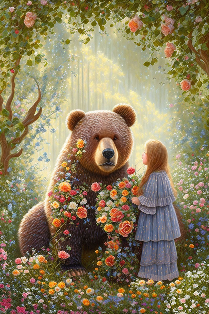 Young girl in blue dress with friendly bear in floral meadow