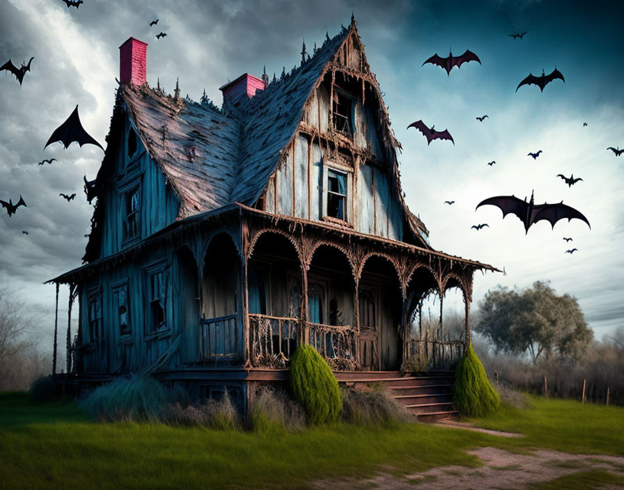 Abandoned Victorian house with bats in dusk sky