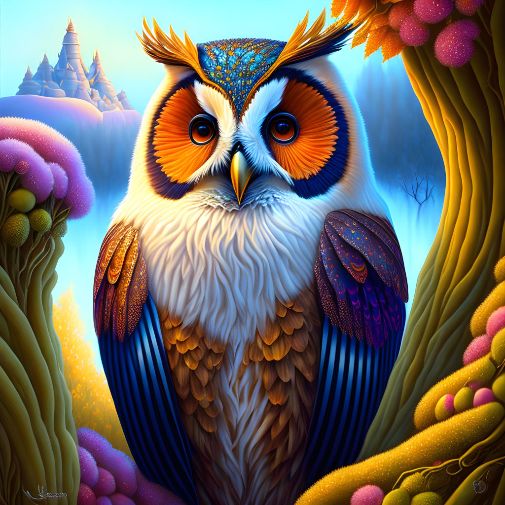 Colorful Owl Illustration in Intricate Patterns and Mystical Forest Setting