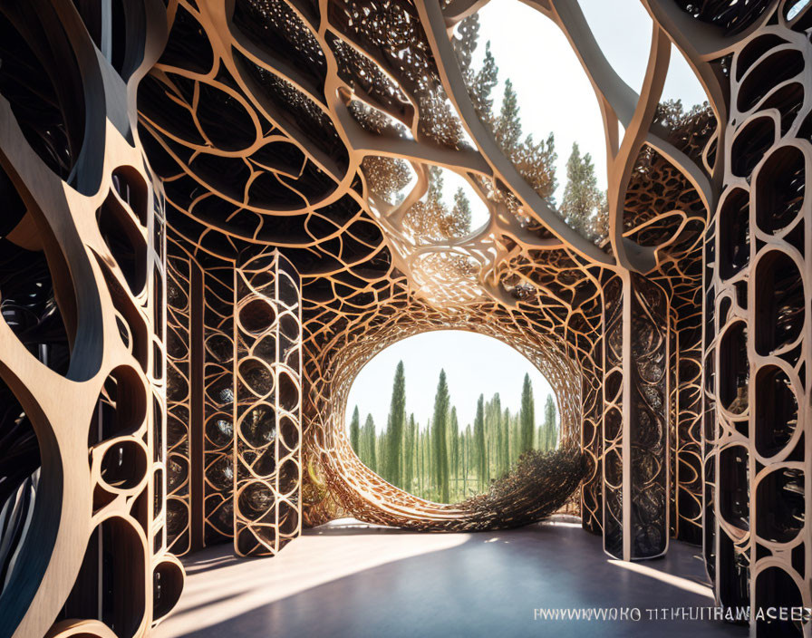 Intricate Wooden Pavilion and Tree-Lined Pathway Under Blue Sky