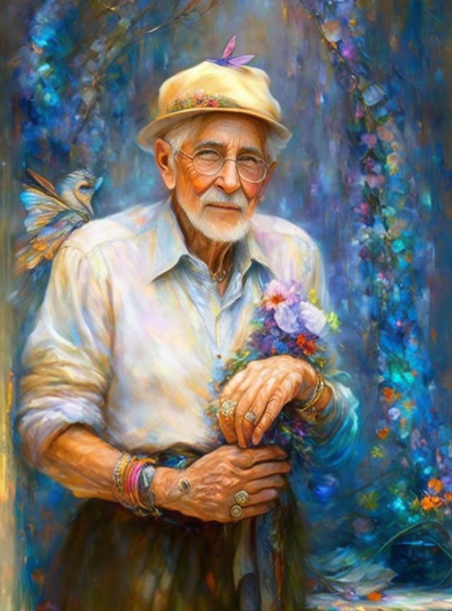 Elderly man portrait with bouquet, bracelets, and bird in vibrant setting