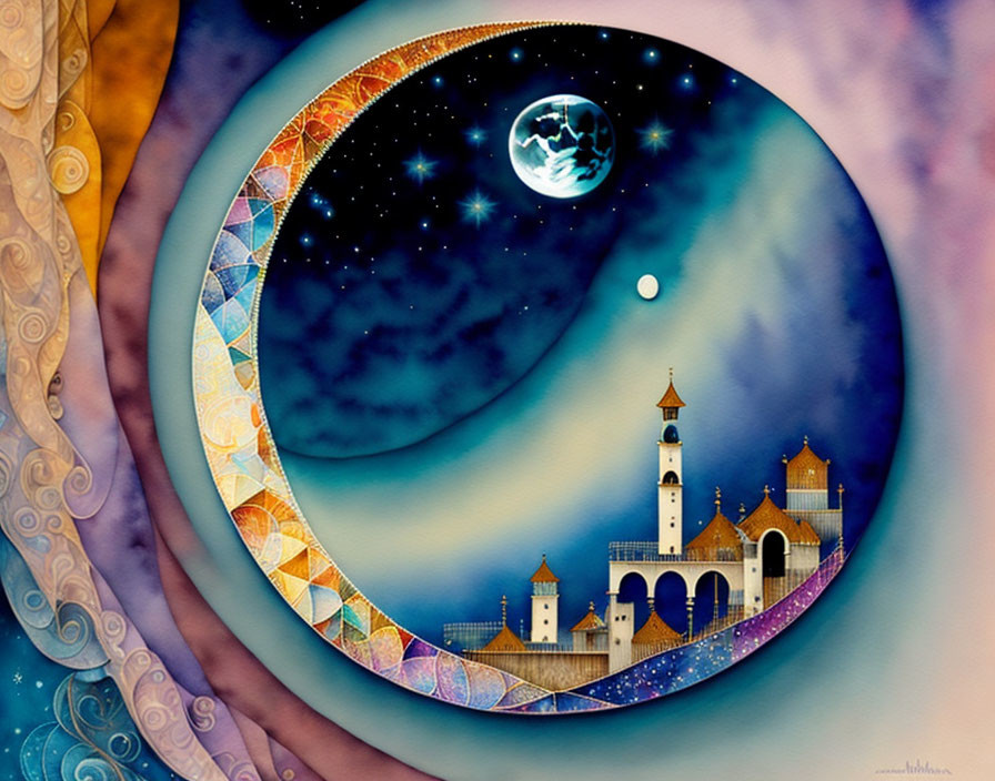 Vibrant night scene with crescent moon, stars, planet, castle, and spiraling patterns