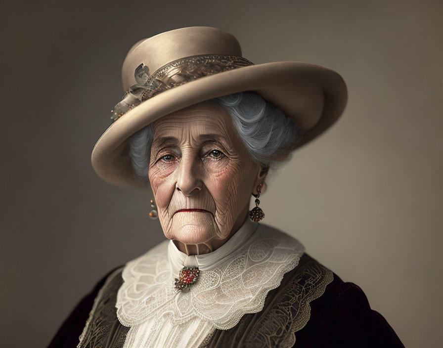 Elderly woman in vintage attire with brooch and lace collar