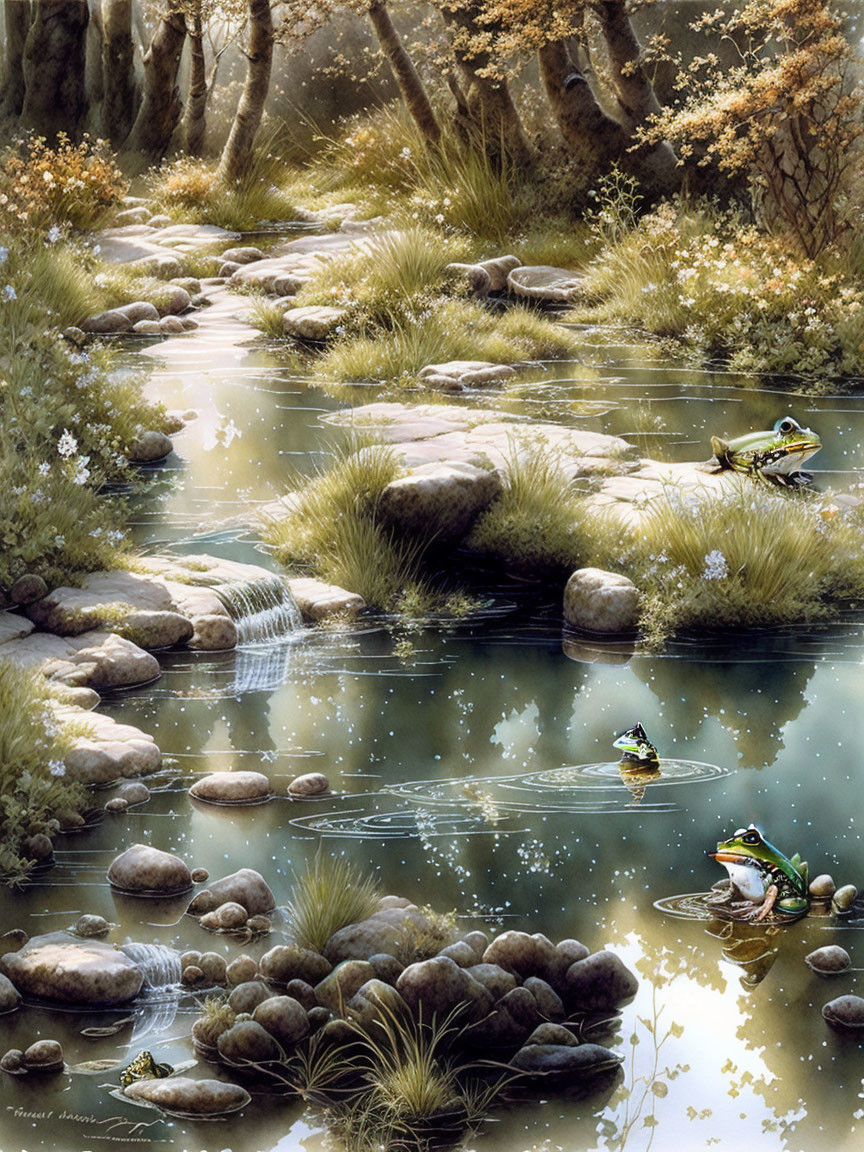 Tranquil Forest Stream with Trees, Rocks, and Frogs