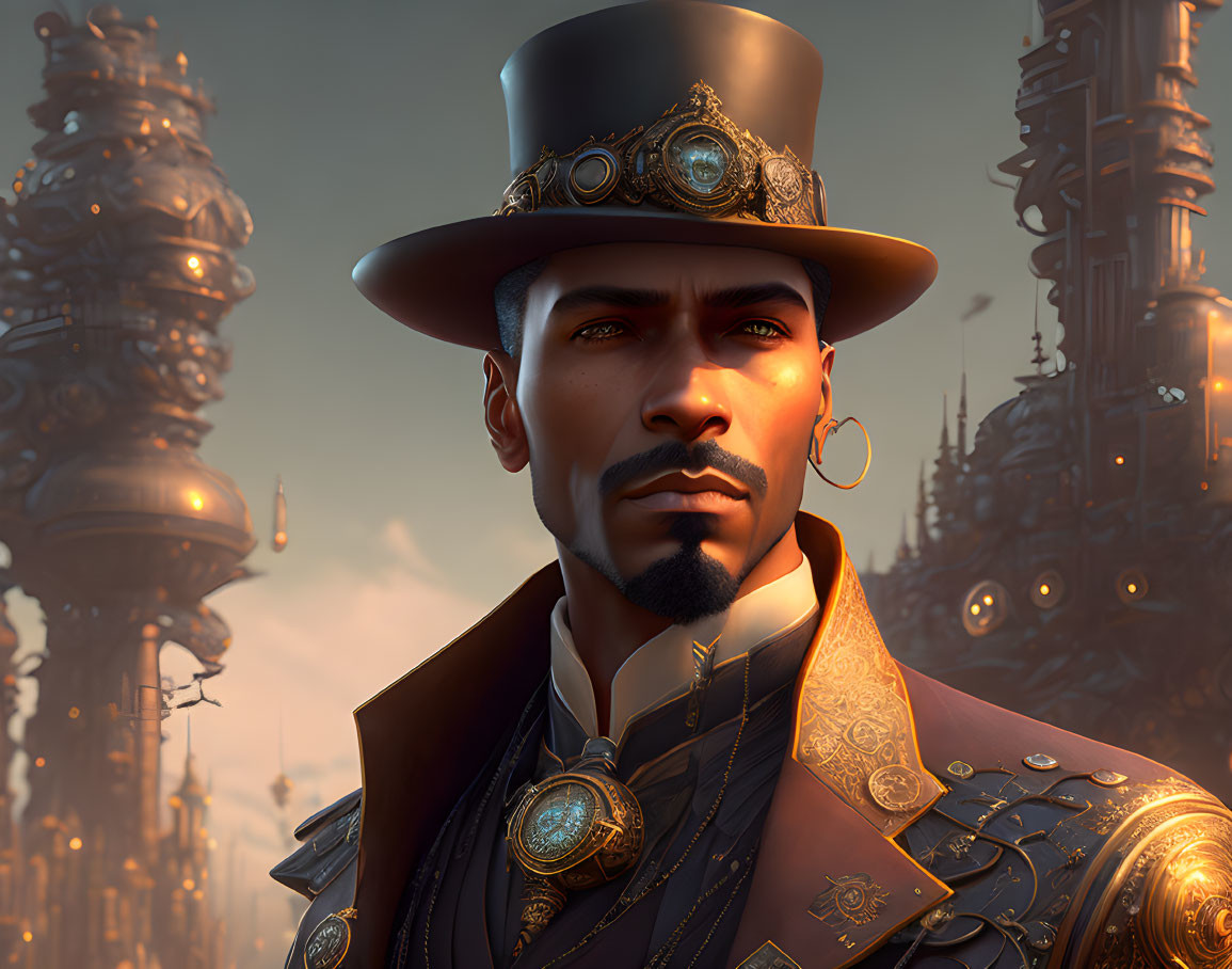 Steampunk-style gentleman digital artwork with top hat and golden embellishments