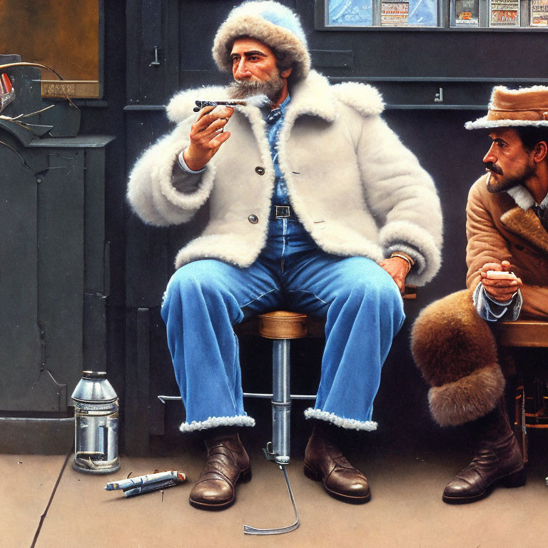 Two men in white fur coats and blue pants lighting a cigar outdoors.