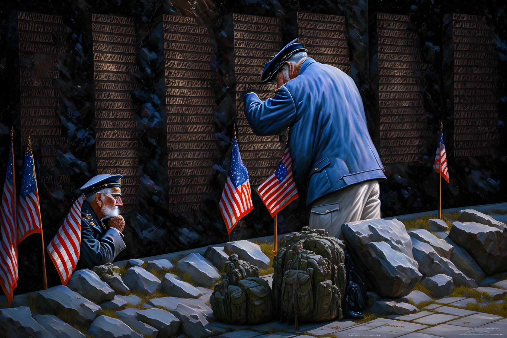 Military personnel in dress uniform at memorial with engraved plaques, American flags, and combat boots.