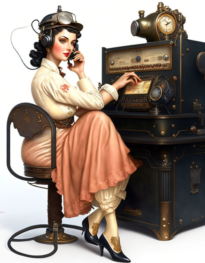 Vintage illustration of woman using antique communication device