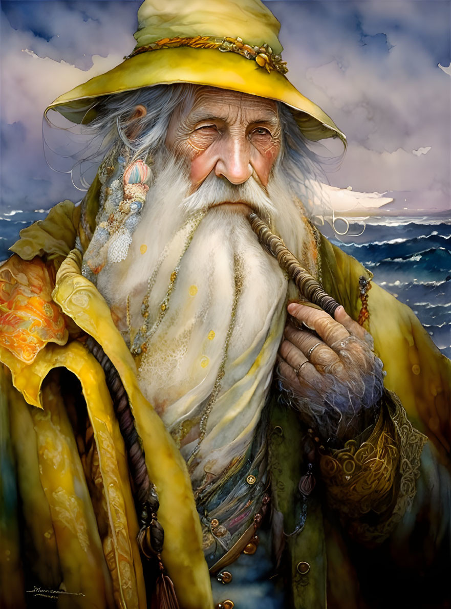 Elderly man in yellow robe and seafaring hat gazes at stormy sea