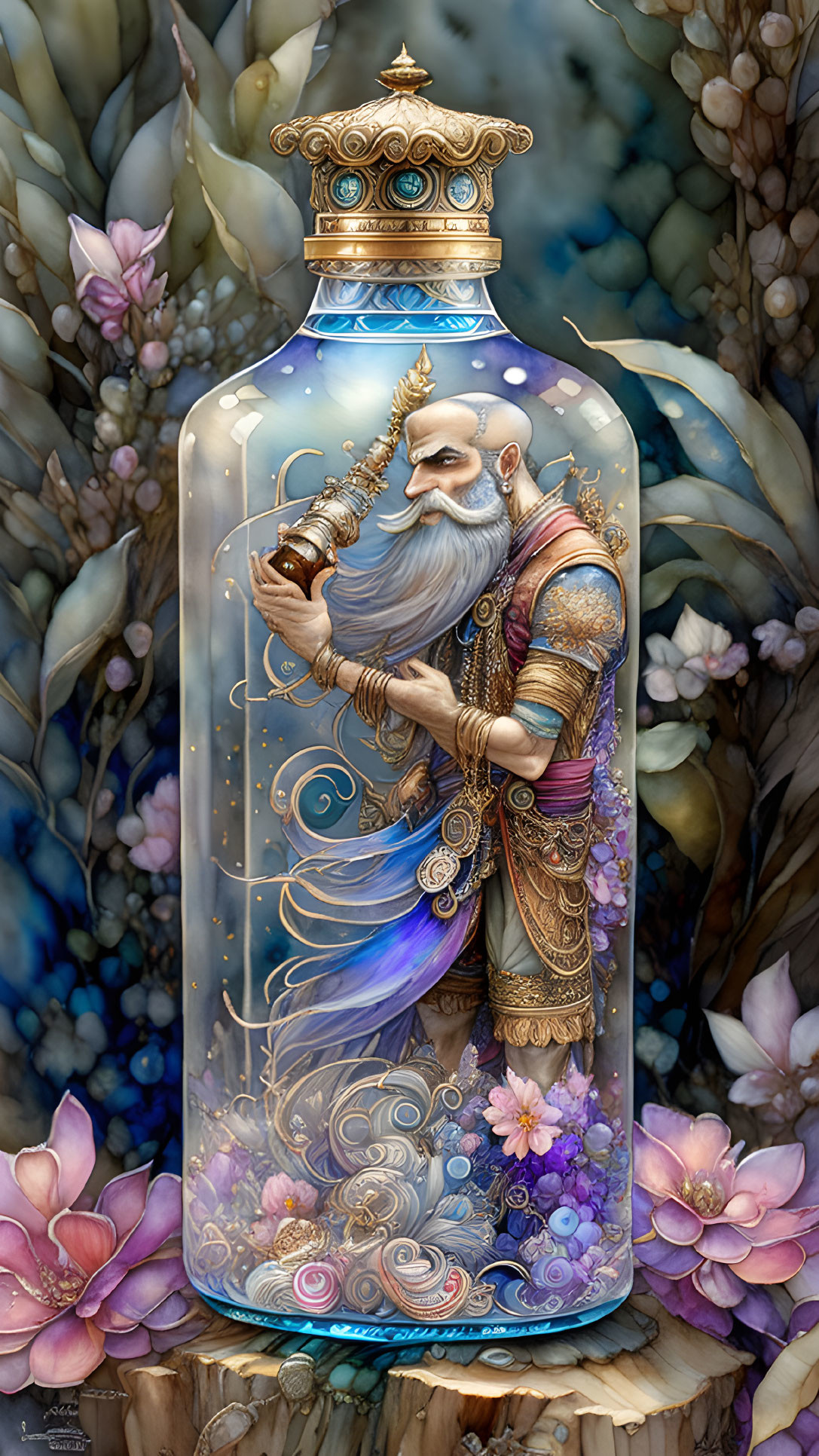 Detailed illustration of elderly wizard trapped in ornate bottle surrounded by mystical flowers & starry glow