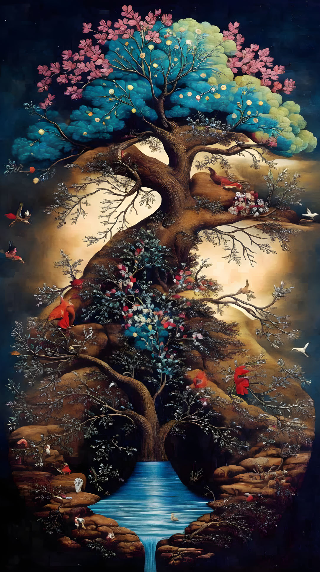 Colorful Tree Painting with Birds and Stream Depiction