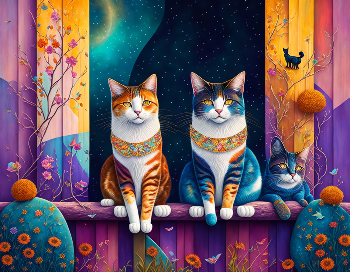 Colorful Stylized Cats in Front of Whimsical Floral and Starry Night Backdrop