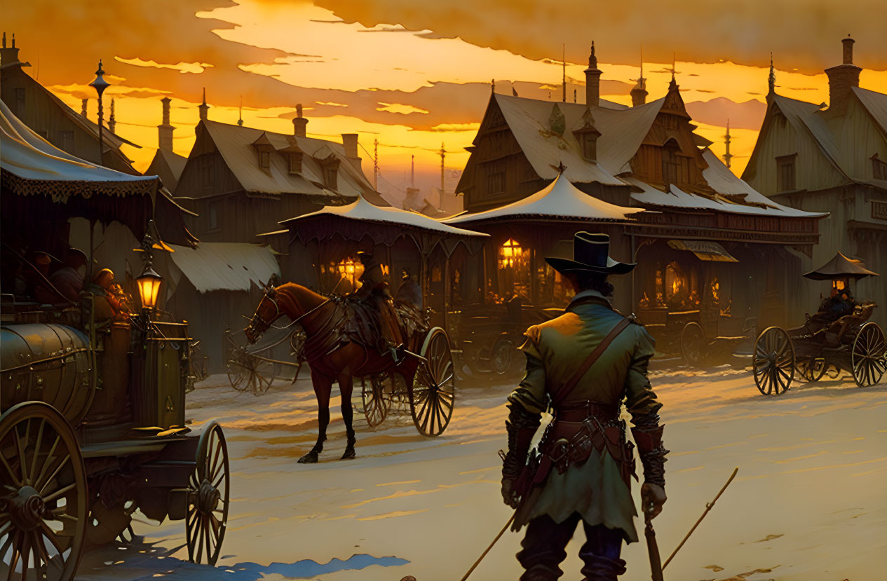 Character in green jacket and hat in snowy village at sunset