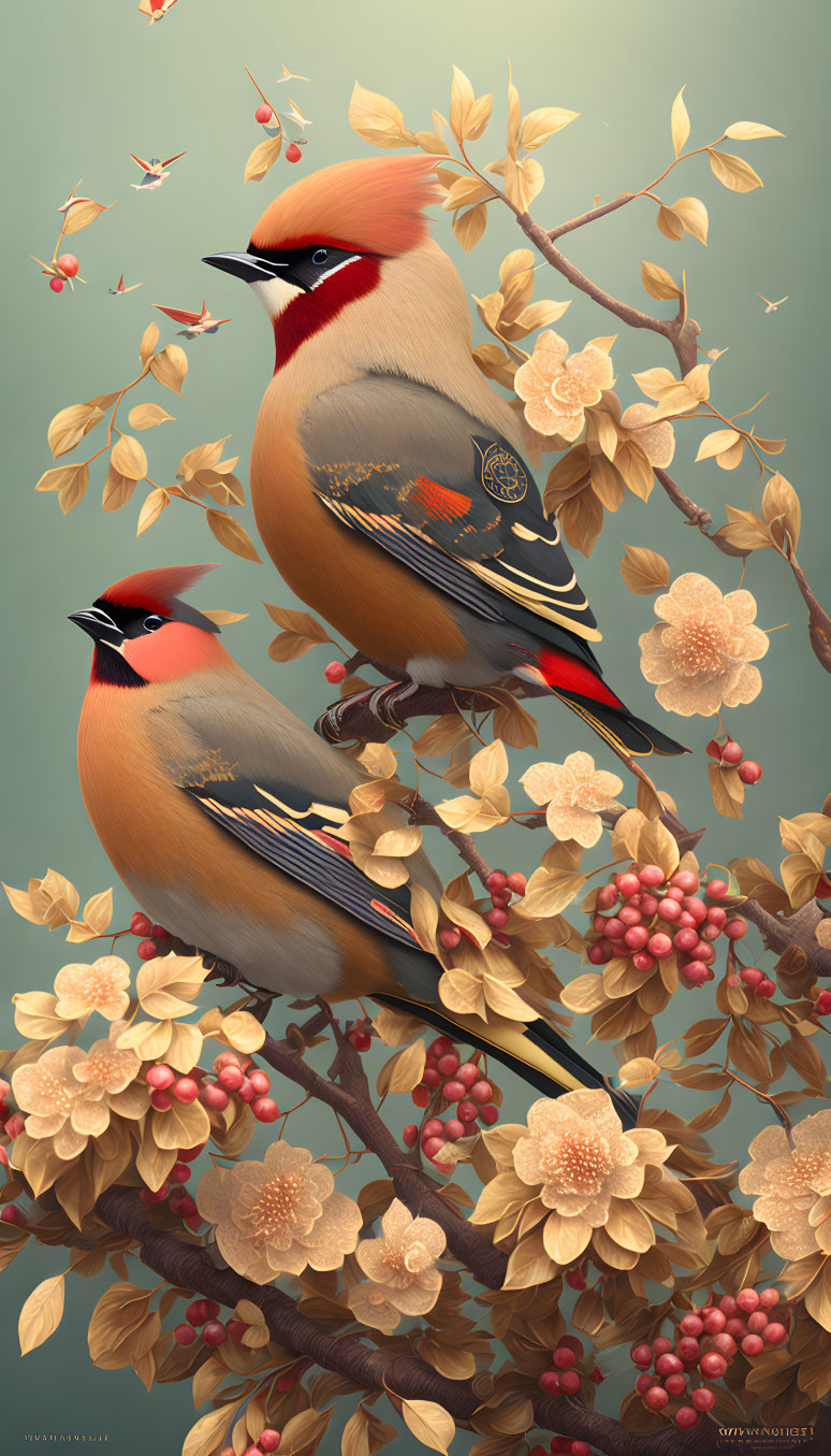 Stylized waxwing birds on branches with pink blossoms and red berries on teal background