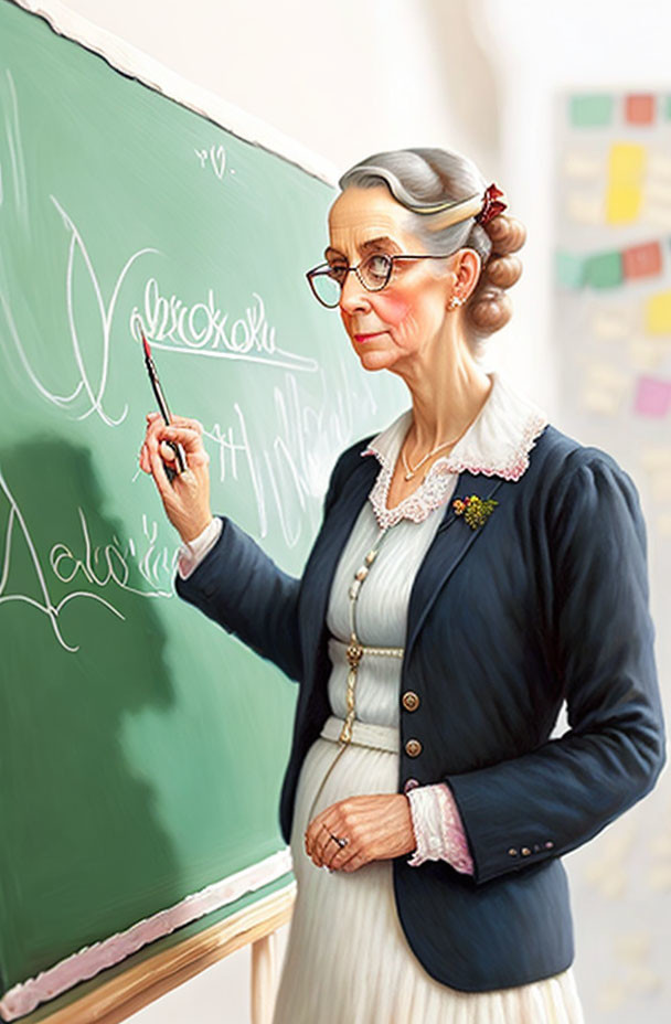 Elderly female teacher in glasses writing on green chalkboard