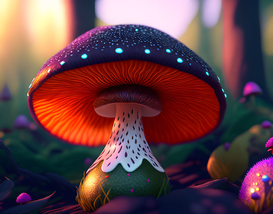 Colorful digital artwork: Glowing red-capped mushroom in mystical forest