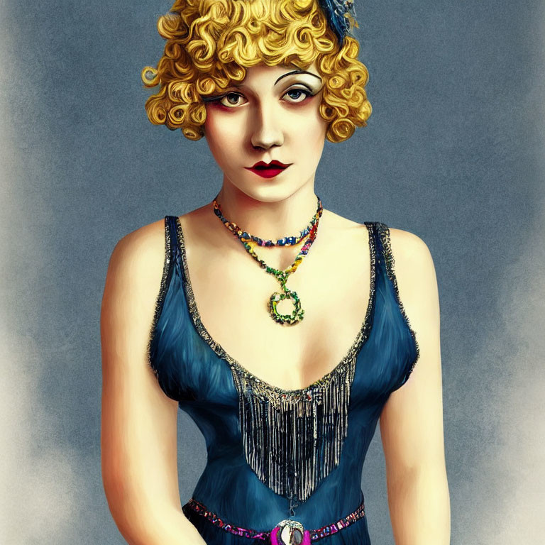 Blonde woman in 1920s blue flapper dress with curly hair