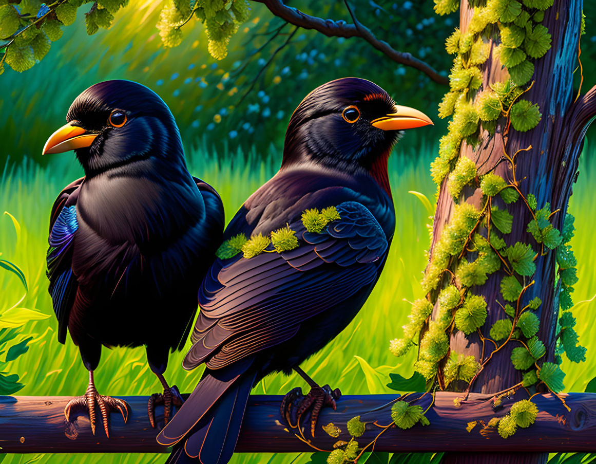 Blackbirds on wooden fence with green foliage and hops in forest setting