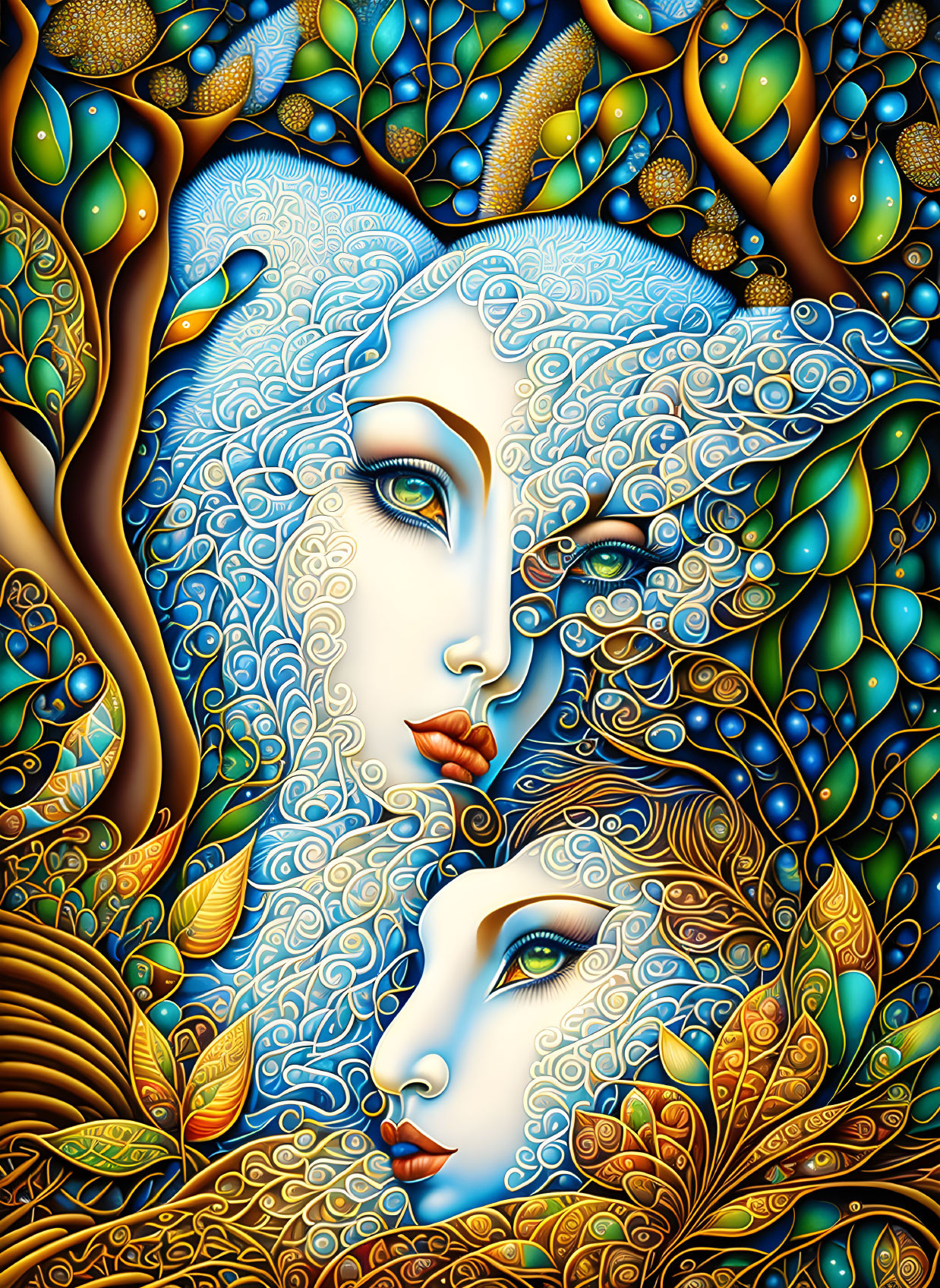 Colorful artwork: Two stylized female faces with intricate leaf and feather patterns