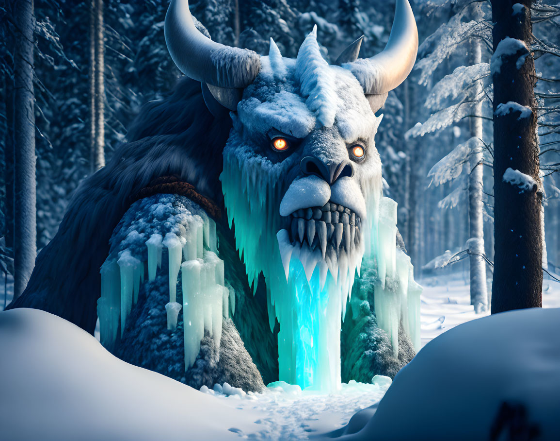 Horned mythical creature with icicle teeth in snowy forest