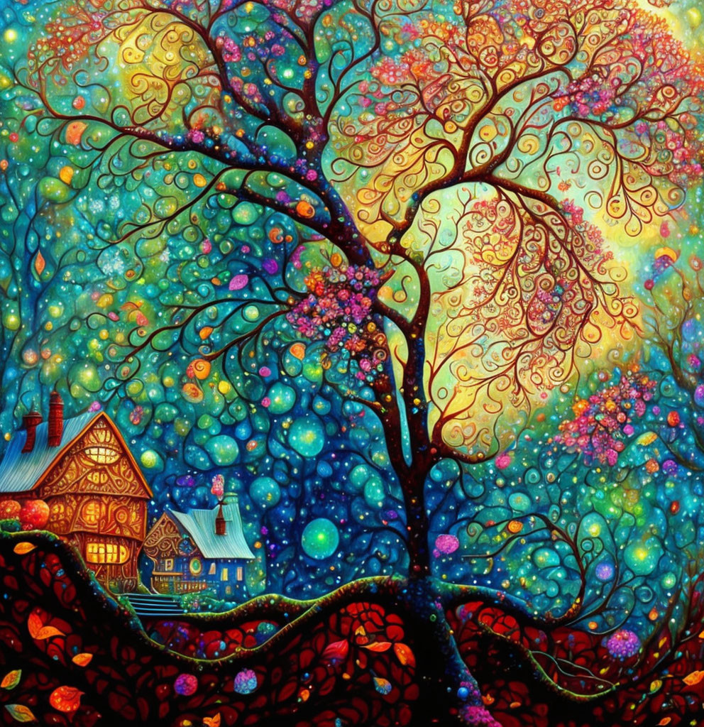 Colorful Tree Painting with Cottage at Night