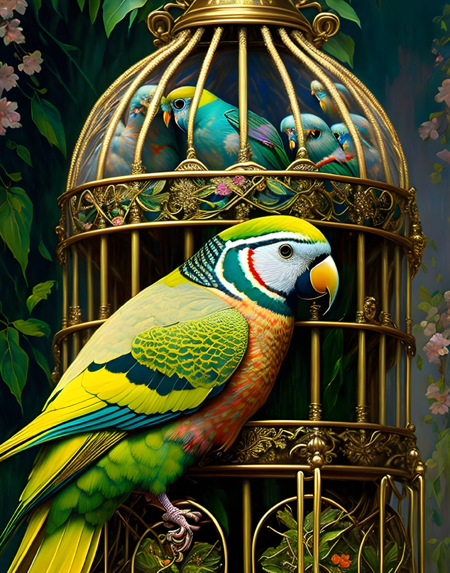 Colorful Parrot and Golden Cage with Two Parrots in Lush Green Setting