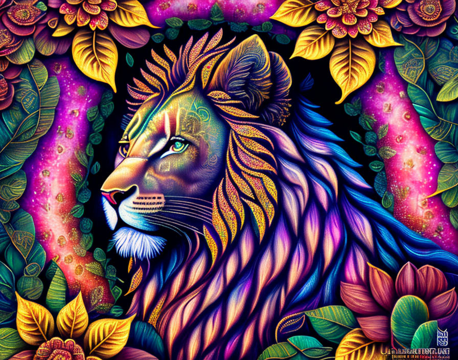 Colorful Lion Illustration with Psychedelic Floral Motif