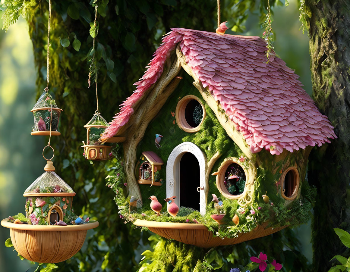 Bird Treehouse with Pink Shingles, Round Doors/Windows, Moss Decor, Hanging Feeders,