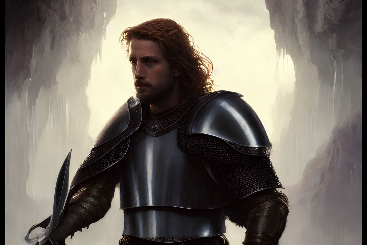 Knight in polished armor with long hair holding sword in misty cavernous backdrop