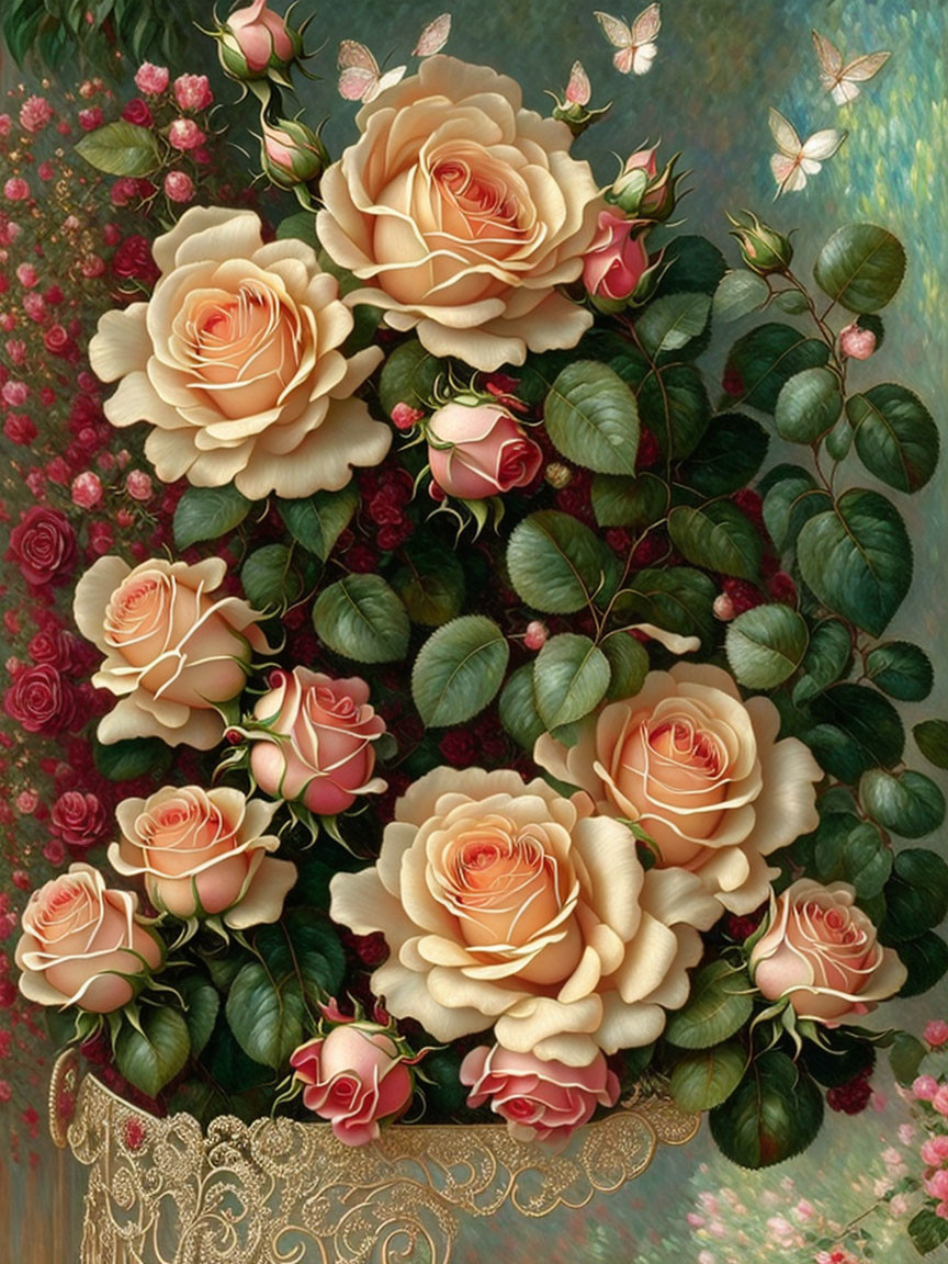 Detailed painting of blooming peach roses with butterflies and lace border