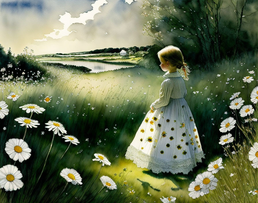 Young girl in white dress with yellow flowers in daisy field near tranquil river.