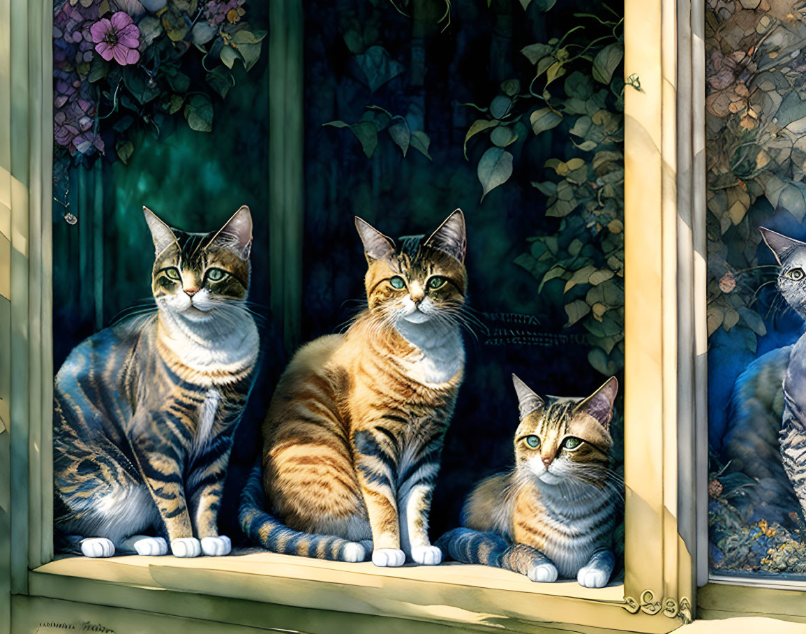 Realistic cats by window with plants and shadows