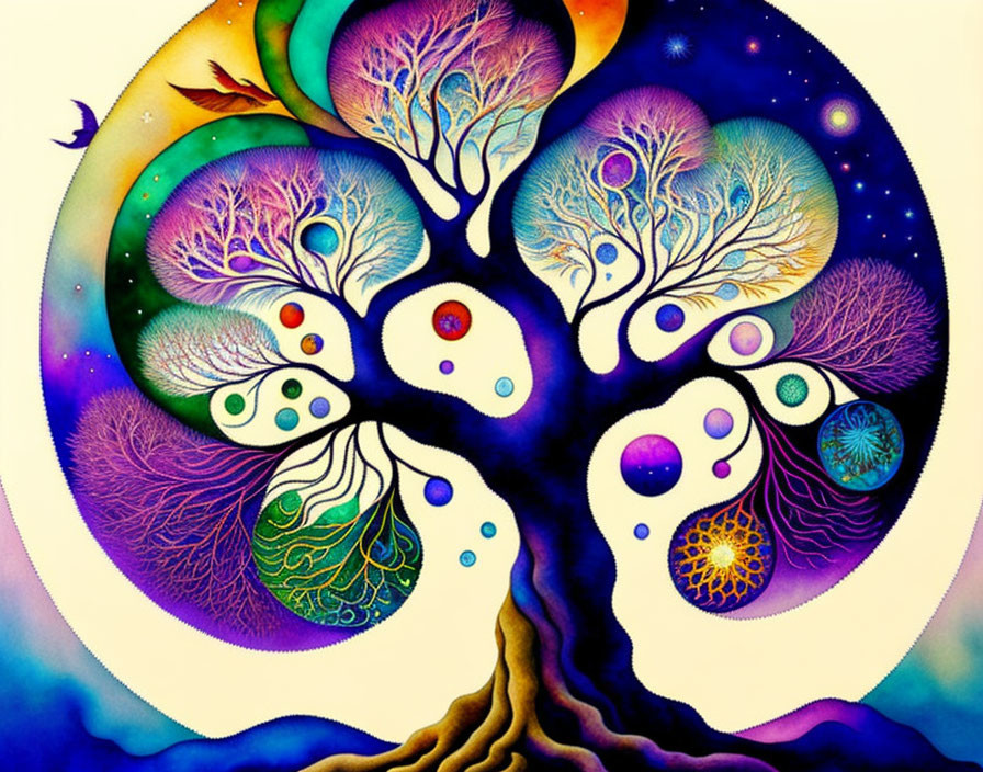 Colorful Tree Artwork with Yin-Yang Symbols on Swirling Branches