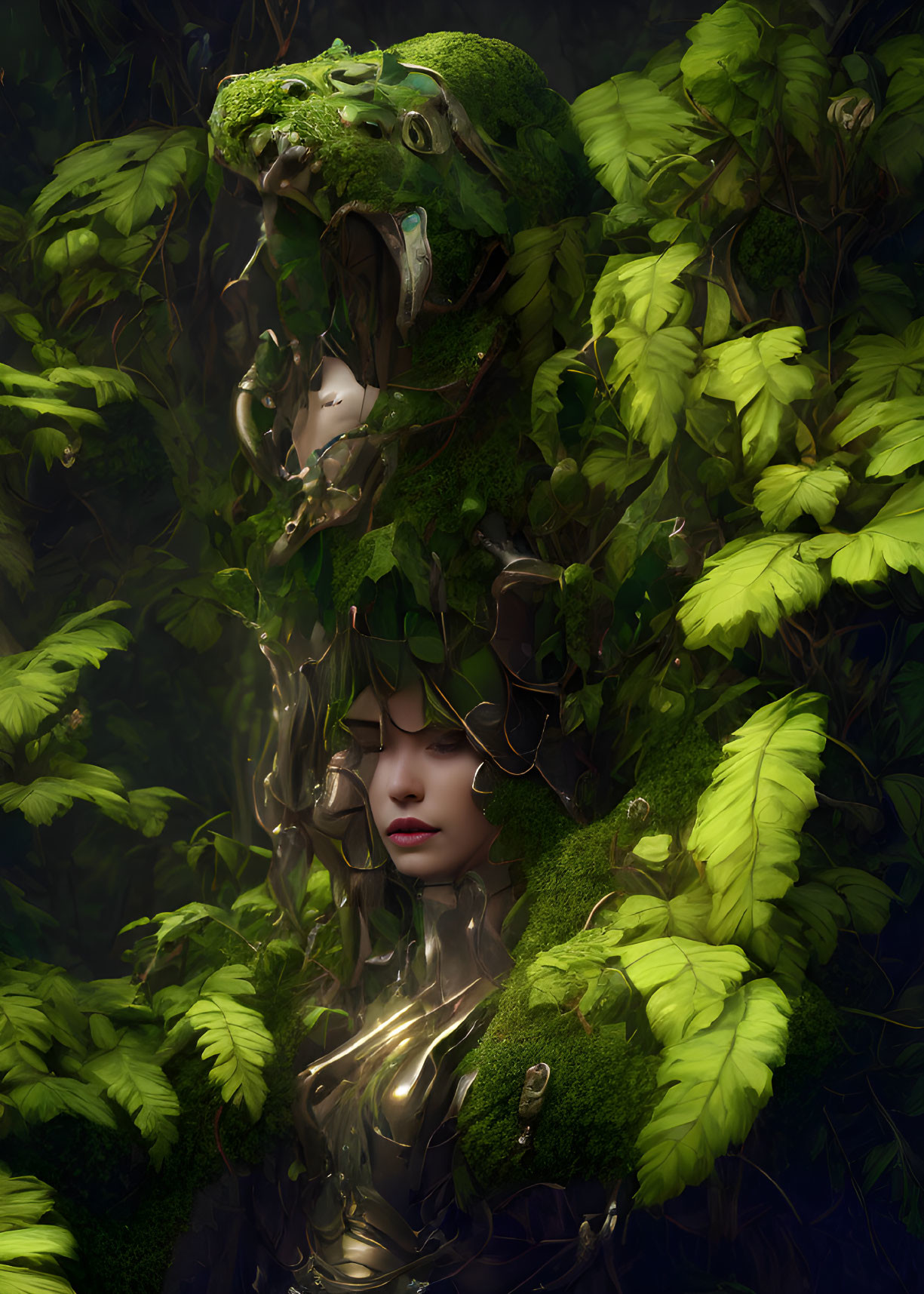 Woman's face in lush foliage symbolizes mystical bond with nature