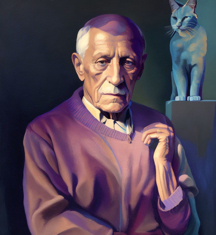 Elderly man in purple sweater beside blue cat statue