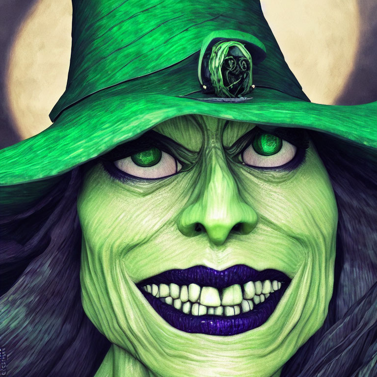 Detailed close-up illustration of a green-faced witch with pointed hat and piercing eyes