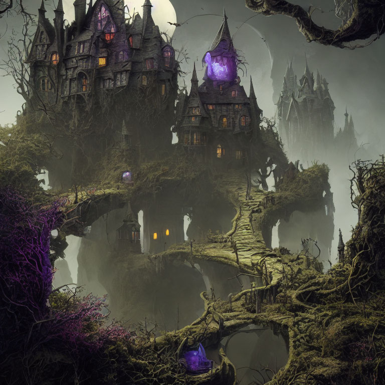 Eerie Gothic-style buildings on rugged cliffs in gloomy fantasy landscape