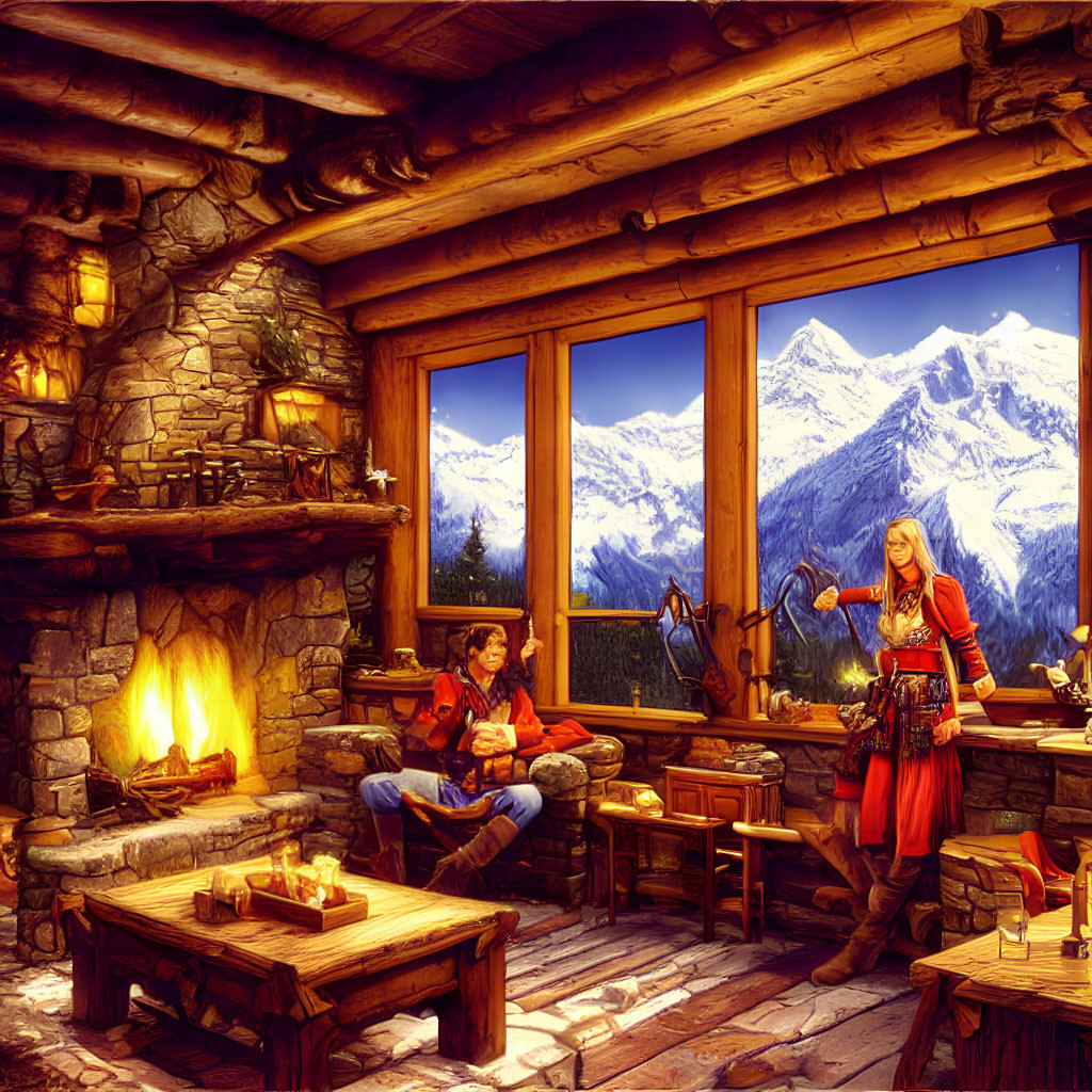 Rustic cabin interior with fireplace, snowy mountain view, and warm lighting