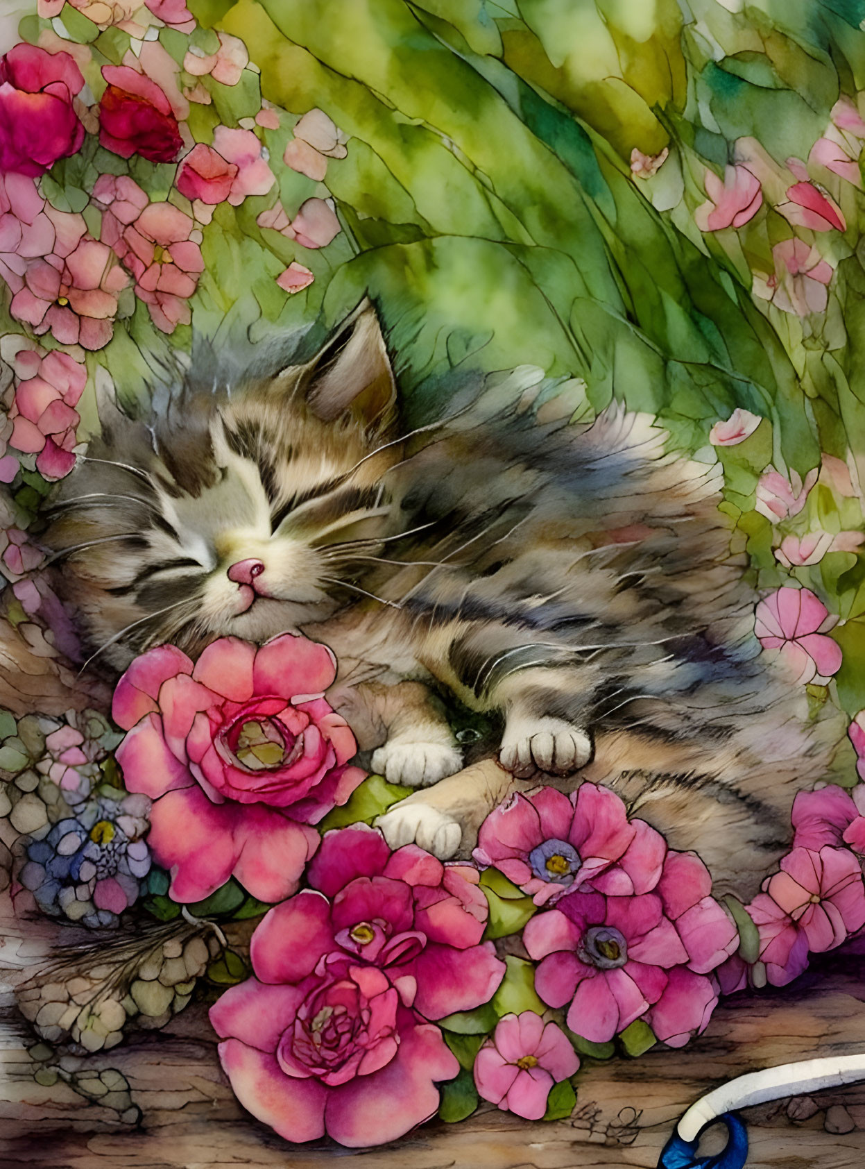 Fluffy kitten napping in pink flowers with greenery.