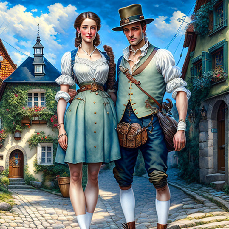 Traditional German Attire Couple in Quaint Village Setting