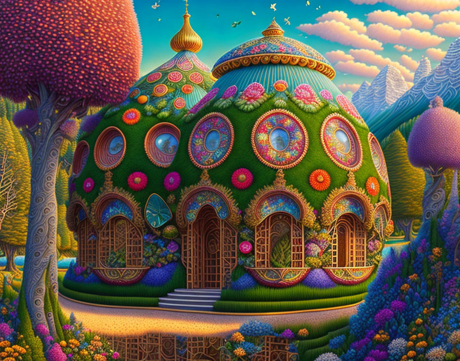 Vibrant fantasy illustration of colorful dome-shaped house in lush natural setting