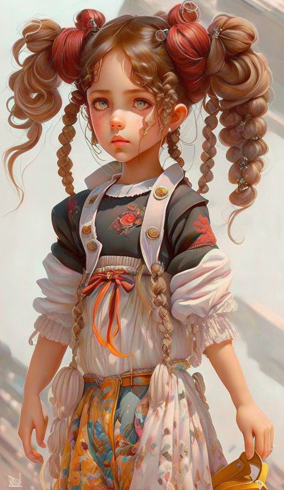 Digital artwork featuring young girl with expressive eyes, styled pigtails, floral dress.