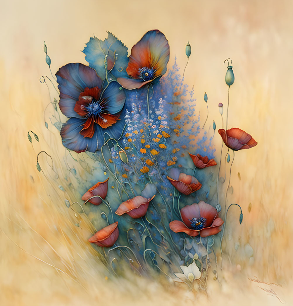 Vibrant blue and red poppies on golden background