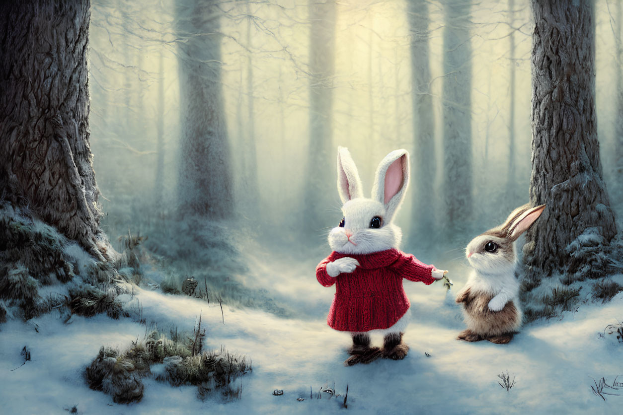 Anthropomorphic rabbits in red sweater in snowy forest with fog